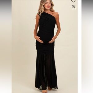 Pink blush ruched mesh one shoulder maternity maxi dress